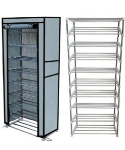 GlowSilk Multipurpose 9 Tier 100GSM Dustproof Fabric Cover Metal Wardrobe for Home, Office & Storage Room-Grey (DIY)