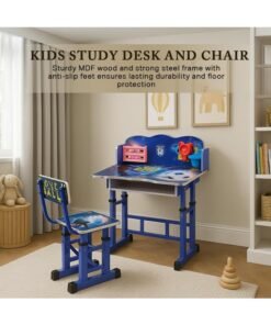 Multi Home Furniture Blue Adjustable Kids Study Table and Chair Set – Ergonomic Study Desk with Drawer, Tilted Desktop & Footrest – Homework Desk for Boys, Children Aged 3–14, Football Theme