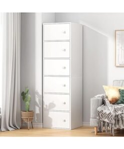 LEDIN Tall Bookshelf with Cabinet Doors Modern Wall Storage Organizer for Bedroom & Study (White, 40x30x153cm)