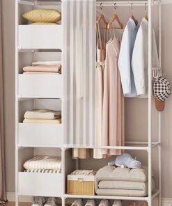 Portable Wardrobe Storage Closet, Clothes Storage Cabinet with Curtain, Clothes Rack Multi-functional Storage Clothes Hanging Multi-Layer Shelving for Living Room, Bedroom, Clothes Room,105x45x170cm