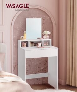 VASAGLE Dressing Table with Large Mirror, Vanity Table with 2 Drawers and 3 Compartments, Makeup Table, Modern White