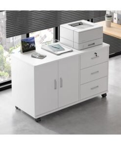 JOMILA Wooden Side Cabinet, Modern Storage Cabinet, Floor Document Cabinet with Wheels, Filing Cabinets, Office Cabinet with Lock (White, 90x34x59cm)