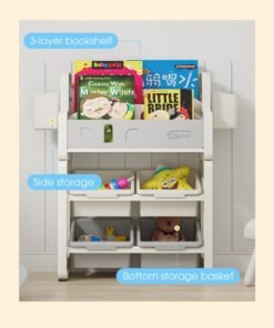Marcolo 3-Tier Kids Bookshelf with Storage Bins – Multifunctional Children’s Book & Toy Organizer with Side Compartments – Durable BPA-Free Plastic Bookcase for Toddlers (Grey)