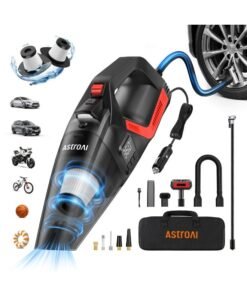AstroAI Handheld Car Vacuum Cordless with Accessories, Portable Vacuum Cleaner with 12V DC Power, LED Light, Brush, Extended Suction Pipe, Hose, Mini Handheld for Car, Home, Office, and Pet Hair, Red