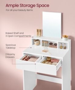 VASAGLE Dressing Table with Large Mirror, Vanity Table with 2 Drawers and 3 Compartments, Makeup Table, Modern White - Image 3