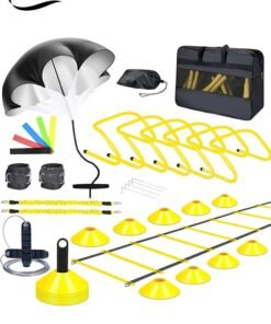 DUNISO Speed Agility Training Kit，Football Kick Trainer，Football Training Equipment，With Triangle Buckle, Ground Nail, Resistance Umbrella, Hurdle, Elastic Band, Storage Rack, Disc, Tensioner, Skipping Rope，Suitable For Physical Education Teachers, Coaches, Athletes, And Beginners