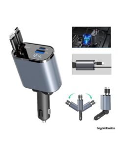 Beyond Basics 4-in-1 Retractable Fast Car Charger 100W | Dual Retractable Cables (Lightning + Type-C), USB & PD Ports, Adjustable Length & Angle – Compatible with iPhone & Samsung Galaxy