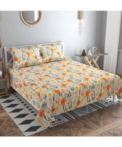 BSB HOME Premium Glace Cotton 180 TC Kingston Collection Ultra King Size Bedsheets with 2 King Size Pillow Covers| Soft Sheets, Breathable, Shrinkage (3 Piece Set, 275 X 275 CM Flat sheet, 50 X 75 CM Pillow Covers, Orange & Beige Cotton)