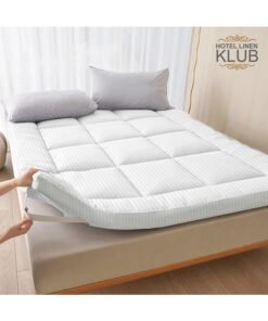 Hotel Linen Klub Super King Mattress Topper 200 x 200 cm –  Microfiber Stripe Super Soft Fabric, 500GSM Soft, Firm & Extra Thick Fiber Sheet with Highly Elastic Bands, White