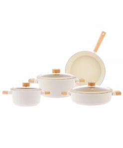 Homemaker 7-Piece Swiss Crystal Non-Stick Cookware Set – Ceramic Coating – Glass Lids with Silicone Edge – Natural Wood Handles – Beige