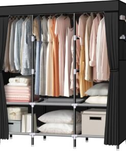 LOKEME Portable Wardrobe, 61-Inch with 3 Hanging Rods and 6 Storage Shelves, Non-Woven Fabric, Stable and Easy Assembly Black Portable Closets for Hanging Clothes with Side Pockets