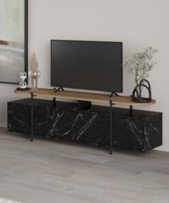 Mourah Home Hanley Tv Cabinet Tvs Up To 65 Inches |Tv Table Metal Legs| Living Room Cabinet |Tv Stand 4 Doors|160X35.6X49.2 Cm| Black Marble Brown