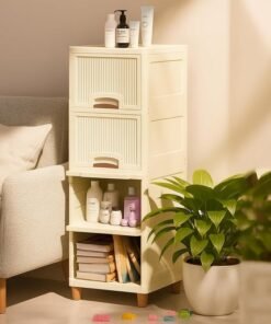 JD FRESH Plastic 4 Tier Foldable Organizer for Clothes/Modular Kitchen Storage Rack/Multipurpose Wardrobe for Cloth/Space Saving Closet for Bedroom/Stackable Cabinet/Almirah for Living Room (Ivory)