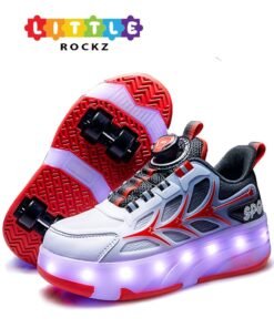 LITTLE ROCKZ Kids Four Wheel Roller Shoes Rechargeable LED Flash Light Sneaker Skate Heelys Shoes Red