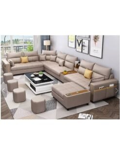 Ripple FURNITURE Modern Couch U Shaped Faux Leather Living Room Furniture Chaise Lounge Recliner Sectional L Shape Corner Sofa Set Beige 7 Seaters 389X231X86