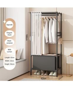 Simple Wardrobe, Household Coat rack, Dust-Proof Curtain Design, Large Capacity, Space-Saving, Multi-Function Drying Rack, Black