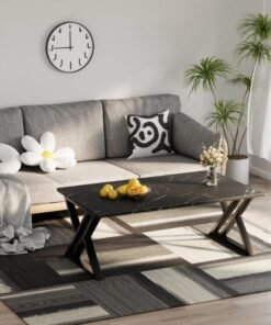 XiuWoo Coffee Table Living Room Table Black Center Table, Simple Modern Faux Marble Rectangular Tea Table with Sturdy Black-Finish Metal Frame, for Bedroom Home Office 120*60*46cm