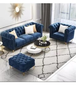 Maharat Al Bahar MAB FURNISHINGS Modern Classic 4-Person Velvet Button Tufted 3+1+1 Footrest Chesterfield Sofa for Living Room and Office (Blue) (Pillows Not Included