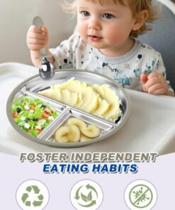 Alternative view of HomarKet 2 Pack Stainless Steel Baby Suction Plates & 2 Pack Spoons and Forks Set, Toddler Utensils Baby Feeding Set, Divided Plates for Baby Led Weaning Supplies, BPA-Free (Blue/Walnut)