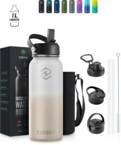 Zahive Insulated Stainless Steel Water Bottle with Straw with 3 Lids and Bag 1000 ml, Double Wall Thermos for Hot and Cold Drinks for Gym and Work, Wide Mouth, Leak Proof, 1 liter, Desert White