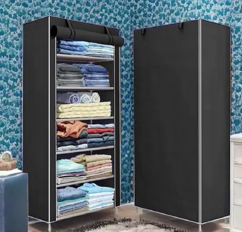 Exposure 6-Layer Collapsible Wardrobe Storage Rack | Multipurpose Cloths Organizer with Metal Frame | Lightweight Foldable Fabric Closet Cupboard for Bedroom, Living Room, or Hostel (Dark Black)