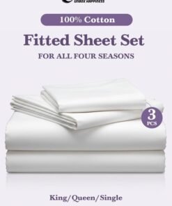 Eworld 3-Piece 100% Cotton Fitted Bedsheet Set (180 Thread Count) – White | Deep Pocket & 2 Pillow Covers | King, Queen & Single Sizes