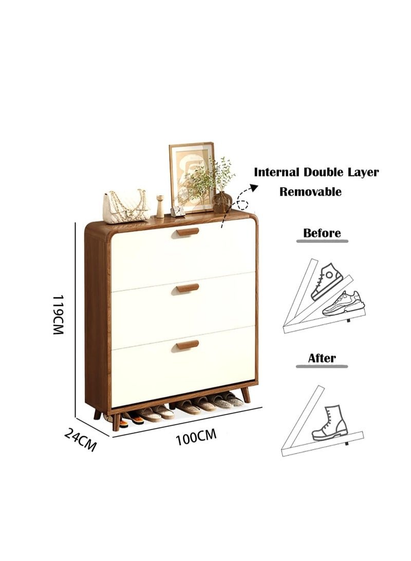 CityRiya-Long Shoe Cabinet with 3 Flip Drawers, Freestanding Shoe Storage Cabinet with Adjustable Shelf & Anti-Tipping Device, Shoe Rack for Entryway, Hallway, Living Room (XG029,White)