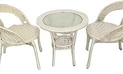 Rattan Chair Set with 1 Table & 2 Chairs - Stylish Furniture Patio Seating Set - Durable Artificial Rattan for Outdoor & Indoor Use, Weather-Resistant & Comfortable,AL-9110,White Color