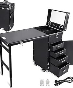 JUMEIYP Rolling Manicure Table, Foldable Nail Station Salon Portable Manicure Professional Nail Table Desk with Drawers/Mirror/Bluetooth Speaker for Movable Makeup Nail Salon