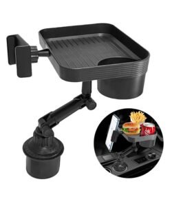 Car Cup Holder Tray, Adjustable Food Table Tray for Car with 360° Rotatable Phone Holder, Extra Beverage, Cup Holder, Stability Road Trip & Car Travel Essentials