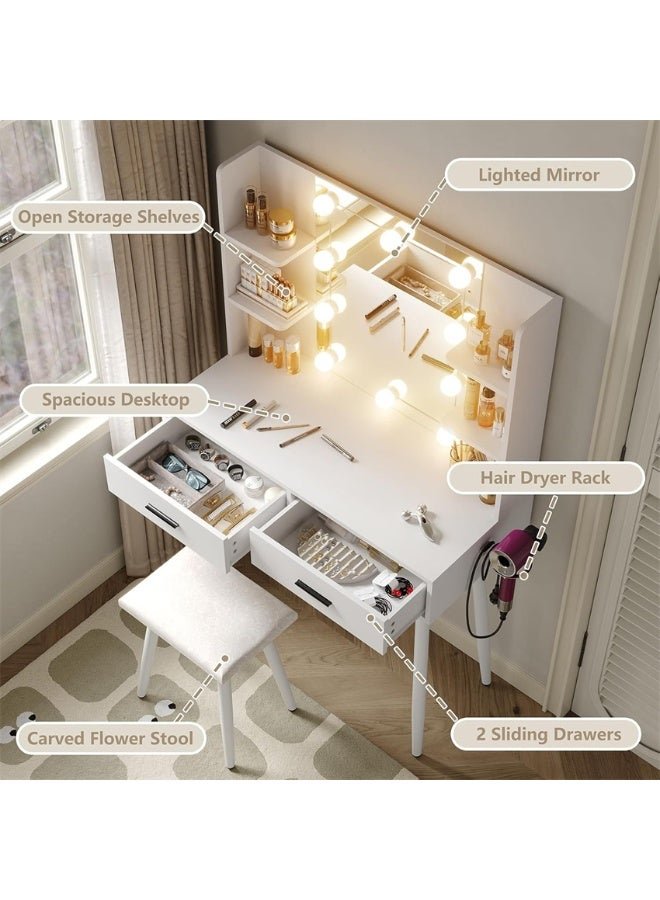 Vanity Desk, Makeup Dressing Table Vanity Bench with Mirror and Lights, Vanity Table Set with Stool, Multifunctional Dresser Cabinet with Storage Shelves and Drawers for Women Girls (SZZ014) - Image 2