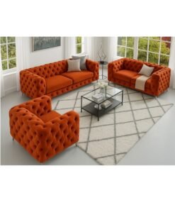 Maharat Al Bahar Maharat Furniture Luxury Chesterfield Sofa Set – 3-Piece Orange Tufted Velvet Living Room Set with Armchair, Loveseat & Sofa – Elegant Modern Design with Metal Legs