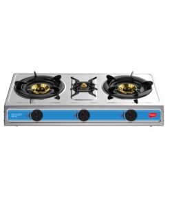 Impex 3 Burner Stainless Steel Gas Stove with High Durable Burners, Blue Flame With High Efficiency, L-Shaped Gas Inlet Pipe, Auto Ignition Knobs For Easy Operation and High Impact Stainless Steel Body IGS 125 Silver