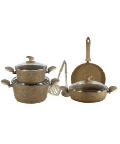 Homemaker 9-Piece Granite Cookware Set Includes 1xScoop, 1xSpoon, 2xDeep Pot 20+24 cm, Low Pot 26 cm, Fry Pan Brown/Clear 26cm