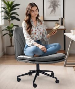 DROGO Criss Cross Legged Office Chair for Work at Home, PU Leather Accent Chair for Long Hours Sitting Comfort, Armless, Adjustable Height & Tilt Lock Recline | Swivel Computer Chair for Home Office Grey