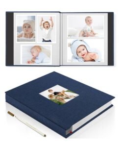 HomarKet Large Photo Album Scrapbook with Window, Linen Self Adhesive Scrapbook Album, Wedding Anniversary Birthday Valentines Day, 28cm x 27cm 40 Blank Pages Memory Book with A Metallic Pen Blue