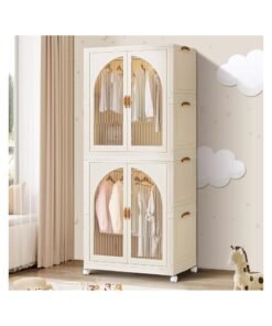 Portable Kids Closet Foldable Storage Bins Stackable Storage Cabinet with Doors and Wheels for Home Bedroom,Free Installation(2 Tall)