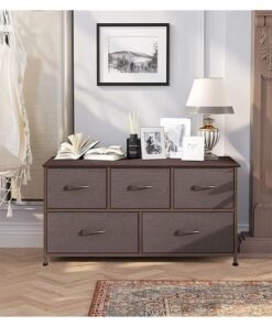 Multi-Functional Storage Cabinet  and Dressing Table Combination, Wooden Drawer Cabinet With A Steel Frame, 5 Large-Capacity Drawers, Adjustable Feet, Toy, Book, Snack And Cosmetic