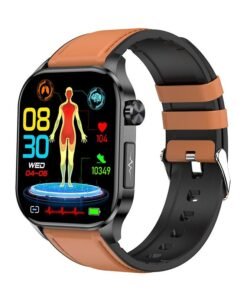 AROAQ ET580 smart watch, durable elegant Bluetooth calling smart watch, Amoled Display fitness tracker watch with blood pressure Blood sugar monitoring, (Brown leather)