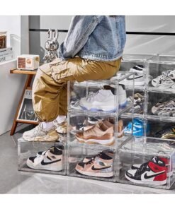 TOMSHOO Foldable Shoe Box Foldable Shoe Rack with Clear Door for Entryway Collapsible Storage Box Plastic Shoe Storage Cabinet Organizer Free Standing Shoes Container Dustproof (Clear 6PCS) - Image 3