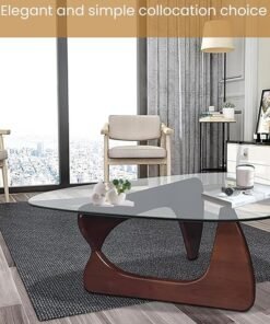 Alternative view of Garlo Triangle Coffee Table in Walnut Mid Century Modern Solid Wood Base and Triangle Clear Glass Coffee Table for Living Room Low Minimalist Tea Table Coffee Tables