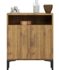 Mahmayi Stylish Multifunctional Medium Height Cabinet with 2 Drawer, 2 Shelf Storage Ideal for Living Room, Kitchen, Bedroom - Cognac Brown Sherman Oak