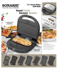 SONASHI 7-In-1 Non-Stick Multi Snack Maker with Detachable Sandwich/Grill/Waffle/Donut/Nutty/Smile/Shell Cake Plates | Compact Body with Cool-touch Handle | Indicator Light with Auto Cut-OFF feature | Anti-skid Feet 800 W SSM-862 Black/Silver