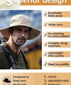 HAWAWA Fishing Hat Safari Cap Breathable Wide Brim Boonie Hat Bucket Hats with UV Protection Sun Protection For Fishing Hiking Garden Beach Men and Women(Beige) - Image 4