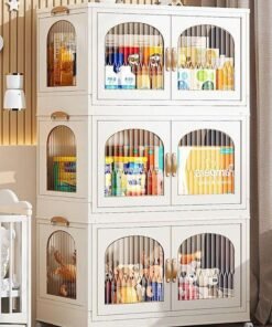 Foldable Storage Bins Stackable Storage Box Organizer Plastic Folding Stoarge Wardrobe Cabinet with Doors and Wheels for Home Bedroom Dormitory