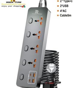 Rock Pow 5 meters Universal Extension Lead with Multiple Function UK Plug 3 Pin Socket Outlet with 4 Gang 2 USB Port 2 Type-C Port 5M Electric Socket Mains Strip for Home Kitchen and Office 5 meters