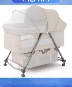 Motim 2 in 1 Portable Movable Crib Foldable Baby Bassinet with Mosquito Shade Net Storage Basket and Memory Foam Mattress Khaki