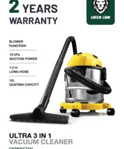 GREEN LION Ultra 3 In 1 Vacuum Cleaner 12L 1000W with Blower, Wet & Dry Function / 15kPa Suction Power Hoover / Swivel Caster Wheels / Fabric Dust Bag Vacuum / 3 Meter Cord Length / Multiple Nozzles / 1.5m Long Hose - Yellow