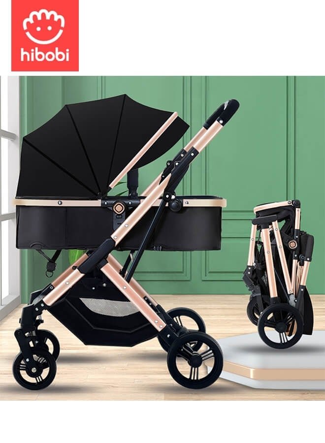 hibobi Luxury Reversible High Landscape Lightweight Baby Stroller with Free Meal Tray and Cup Holder, Quick Folding, Suitable for 0–6 Years, Anti-Slip & Puncture-Proof Rubber Tires, 60kg Load Capacity, Black Travel Stroller