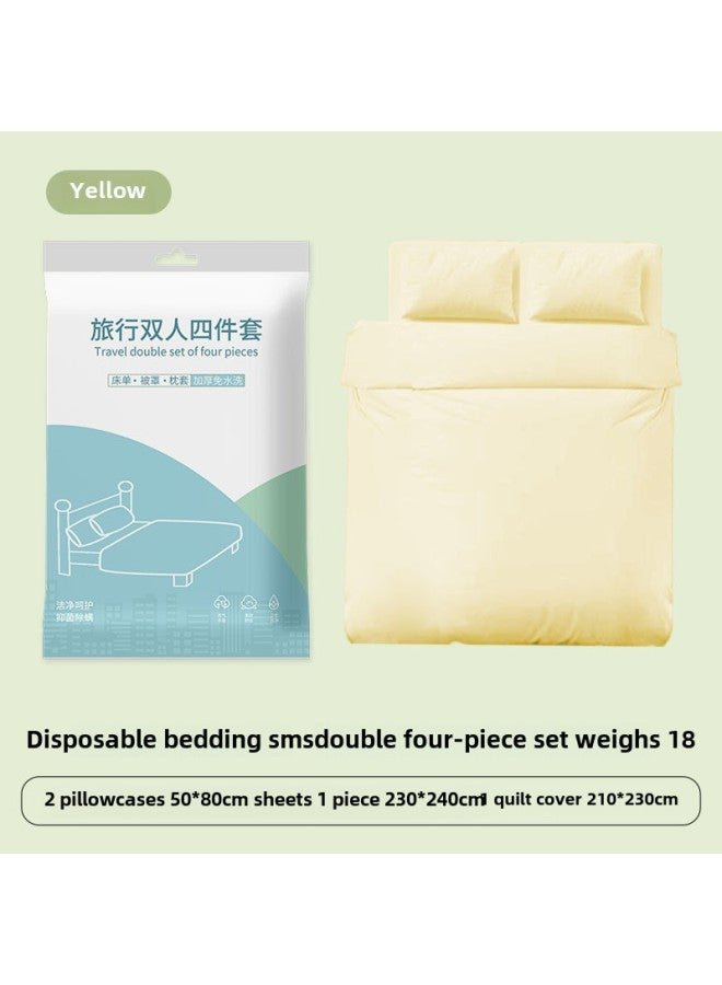 Hotel Disposable Bed Sheet Four-piece Quilt Cover Pillowcase Quilt Cover Travel Travel Double Bed Supplies Dirty Thickened-Color:Double Yellow Four-piece Set